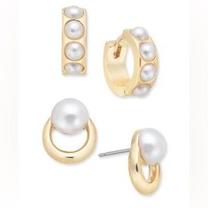 On 34th Gold-Tone Imitation Pearl Hoop & Stud Earrings 2-Pc Set NWT